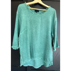 Flora Ashley Linen Blend 3/4 Sleeve Top Aqua Green Fringed Hem Boho L Beach